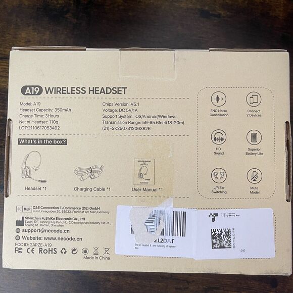 A19 Wireless Headset, Noise Cancelling - Bluetooth, HD Sound/Voice Black - Picture 3 of 4